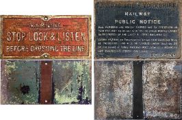 Pair of railway CAST-IRON SIGNS comprising a Lancashire & Yorkshire Railway 'Trespass' sign (size: