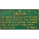 Great Western Railway (GWR) cast-iron CAUTION SIGN "No waste or shavings to be used in these