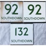 Trio of London Transport bus stop enamel E-PLATES for Southdown services, comprising routes 92 x 2