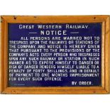 Great Western Railway (GWR) fully titled enamel TRESPASS NOTICE complete with original frame.