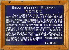 Great Western Railway (GWR) fully titled enamel TRESPASS NOTICE complete with original frame.