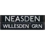 London Underground 1938-Tube Stock enamel CAB DESTINATION PLATE for Neasden / Willesden Green on the