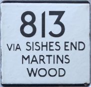 London Country bus stop enamel E-PLATE for route 813 destinated via Sishes End, Martins Wood. The