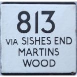 London Country bus stop enamel E-PLATE for route 813 destinated via Sishes End, Martins Wood. The