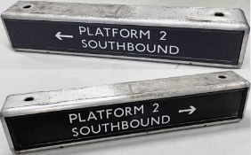 London Underground double-sided illuminated SIGN 'Platform 2 Southbound' with directional arrows.