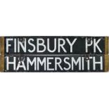 London Underground Standard Tube Stock enamel CAB DESTINATION PLATE for Finsbury Pk / Hammersmith on