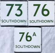 Trio of London Transport bus stop enamel E-PLATES for Southdown services, comprising routes 73, 76