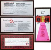 Selection (4) of London Underground CAR CARD PANELS, each mounted and glazed in a railway carriage-