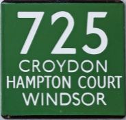 London Transport coach stop enamel E-PLATE for Green Line route 725 destinated Croydon, Hampton