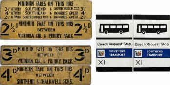 Southend bus items (3) comprising a pair of double-side alloy MINIMUM FARE SLIPBOARDS, probably