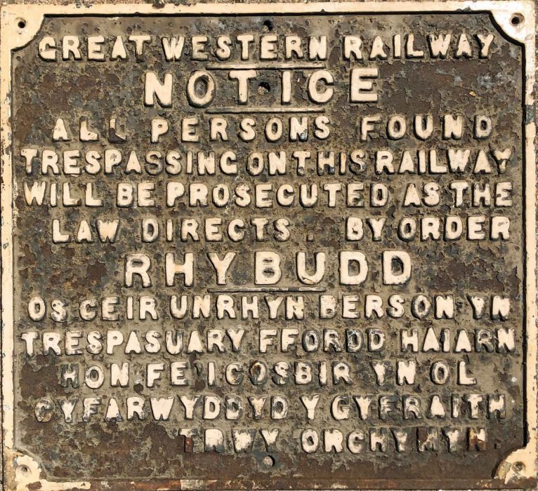 Great Western Railway (GWR) dual-language (English & Welsh), cast-iron TRESPASS NOTICE SIGN.