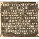 Great Western Railway (GWR) dual-language (English & Welsh), cast-iron TRESPASS NOTICE SIGN.