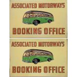 1950s Associated Motorways BOOKING OFFICE SIGN featuring an illustration of a coach packed with