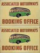 1950s Associated Motorways BOOKING OFFICE SIGN featuring an illustration of a coach packed with