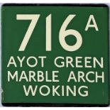 London Transport coach stop enamel E-PLATE for Green Line route 716A destinated Ayot Green, Marble