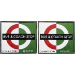 1940s/50s London Transport enamel BUS & COACH STOP FLAG, 'bus compulsory, coach request'. Double-