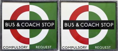 1940s/50s London Transport enamel BUS & COACH STOP FLAG, 'bus compulsory, coach request'. Double-