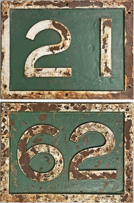 Pair of London & South Western Railway (LSWR) cast-iron BRIDGE PLATES: 21 AND 62. Each measures