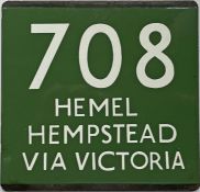 London Transport coach stop enamel E-PLATE for Green Line route 708 destinated Hemel Hempstead via