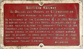 Southern Railway cast-iron BRIDGE NOTICE 'To drivers and owners of locomotives.....in pursuance of