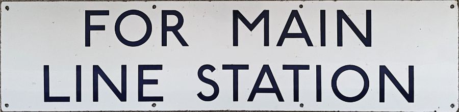 c1960s London Underground ENAMEL SIGN "For Main Line Station". Measures 37" x 9" (94cm x 23cm). Some