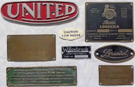 Selection (8) of BUS PLATES, some with vehicle details on reverse, eg Bristol Tramways body plate