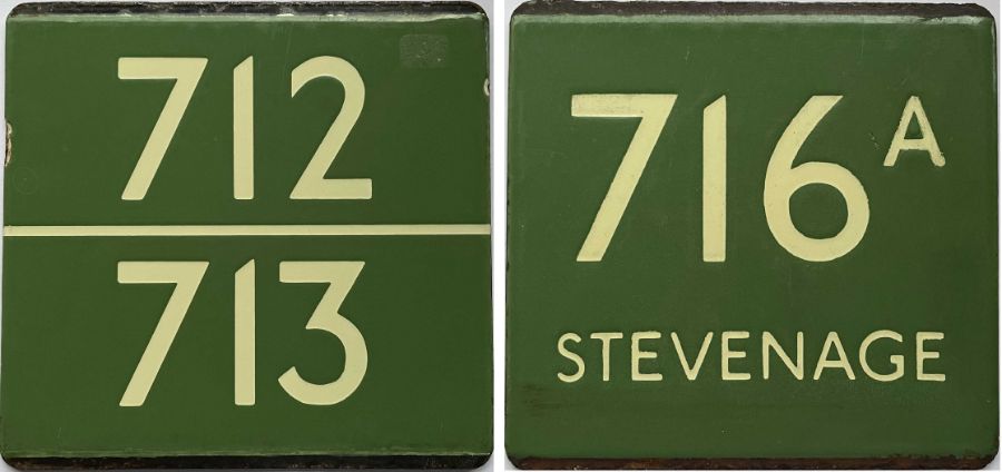 Pair of London Transport coach stop enamel E-PLATES for Green Line routes 712/713 and 716A