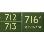 Pair of London Transport coach stop enamel E-PLATES for Green Line routes 712/713 and 716A