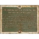 London & South Western Railway (LSWR) cast-iron TRESPASS NOTICE 'Trespassing on Railway' signed by