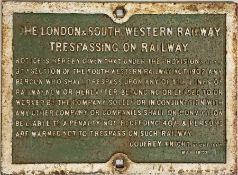 London & South Western Railway (LSWR) cast-iron TRESPASS NOTICE 'Trespassing on Railway' signed by