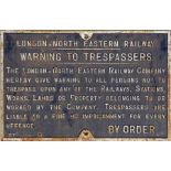 London & North Eastern Railway (LNER) cast-iron TRESPASS NOTICE. Measures 26" x 17" (66cm x 43cm)
