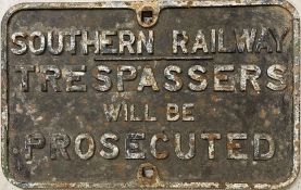 Southern Railway, pre-Grouping LSWR pattern, cast-iron NOTICE 'Trespassers will be prosecuted'.