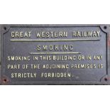 Great Western Railway (fully titled) cast-iron SIGN 'Smoking in this building or in any part of
