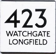 London Transport bus stop enamel E-PLATE for route 423 destinated Watchgate, Longfield. Probably one
