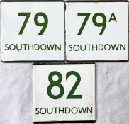 Trio of London Transport bus stop enamel E-PLATES for Southdown Motor Services routes 79, 79A and