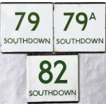 Trio of London Transport bus stop enamel E-PLATES for Southdown Motor Services routes 79, 79A and