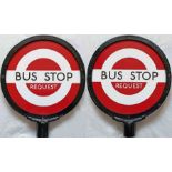 London Transport enamel 'DOLLY' BUS STOP (Request), double-sided and comprising two enamel plates in