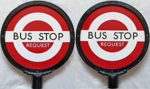 London Transport enamel 'DOLLY' BUS STOP (Request), double-sided and comprising two enamel plates in