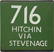 London Transport coach stop enamel E-PLATE for Green Line route 716 destinated Hitchin via
