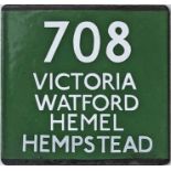 London Transport coach stop enamel E-PLATE for Green Line route 708 destinated Victoria, Watford,