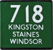 London Transport coach stop enamel E-PLATE for Green Line route 718 destinated Kingston, Staines,