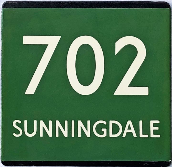 London Transport coach stop enamel E-PLATE for Green Line route 702 destinated Sunningdale. This