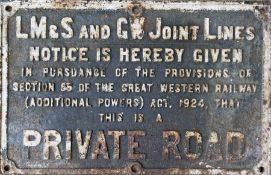 London, Midland & Scottish and Great Western (LM&S & GW) Joint Lines cast-iron PRIVATE ROAD SIGN (