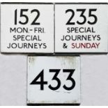 Trio of London Transport bus stop enamel E-PLATES for routes 152 Mon-Fri, Special Journeys, 235