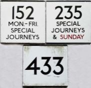 Trio of London Transport bus stop enamel E-PLATES for routes 152 Mon-Fri, Special Journeys, 235