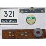 Selection (4) of London Transport & other bus items: E-plate for route 321 Fare Stage, RT