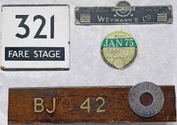 Selection (4) of London Transport & other bus items: E-plate for route 321 Fare Stage, RT