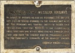 London & South Western Railway (LSWR) cast-iron OCCUPATION CROSSING NOTICE signed Godfrey Knight,