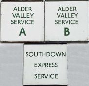 Trio of London Transport bus stop enamel E-PLATES for Alder Valley Service A, Alder Valley Service B