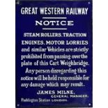 Great Western Railway (fully titled) enamel SIGN 'Notice - Steam Rollers, Traction Engines, Motor